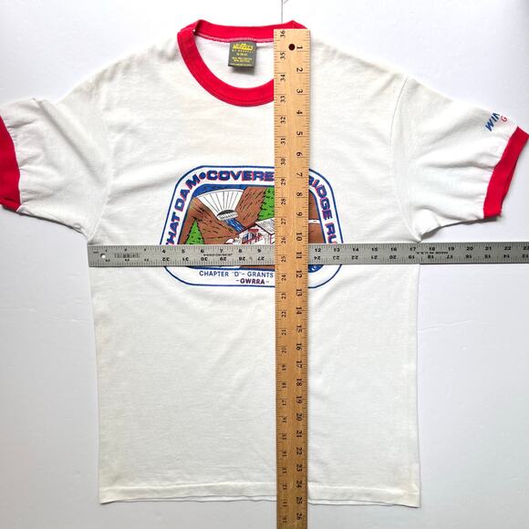 True Vintage 80s Jerzees Dam Covered Bridge Run Motorcycle Race Ringer T Shirt M - Picture 11 of 11